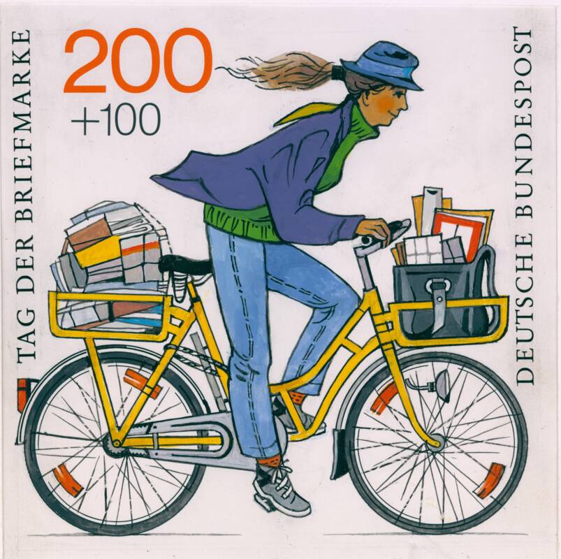 Für die von Ernst Kößlinger geschaffene Briefmarke mit der radelnden Briefausträgerin stand die langjährige Martinsrieder Postbotin Modell